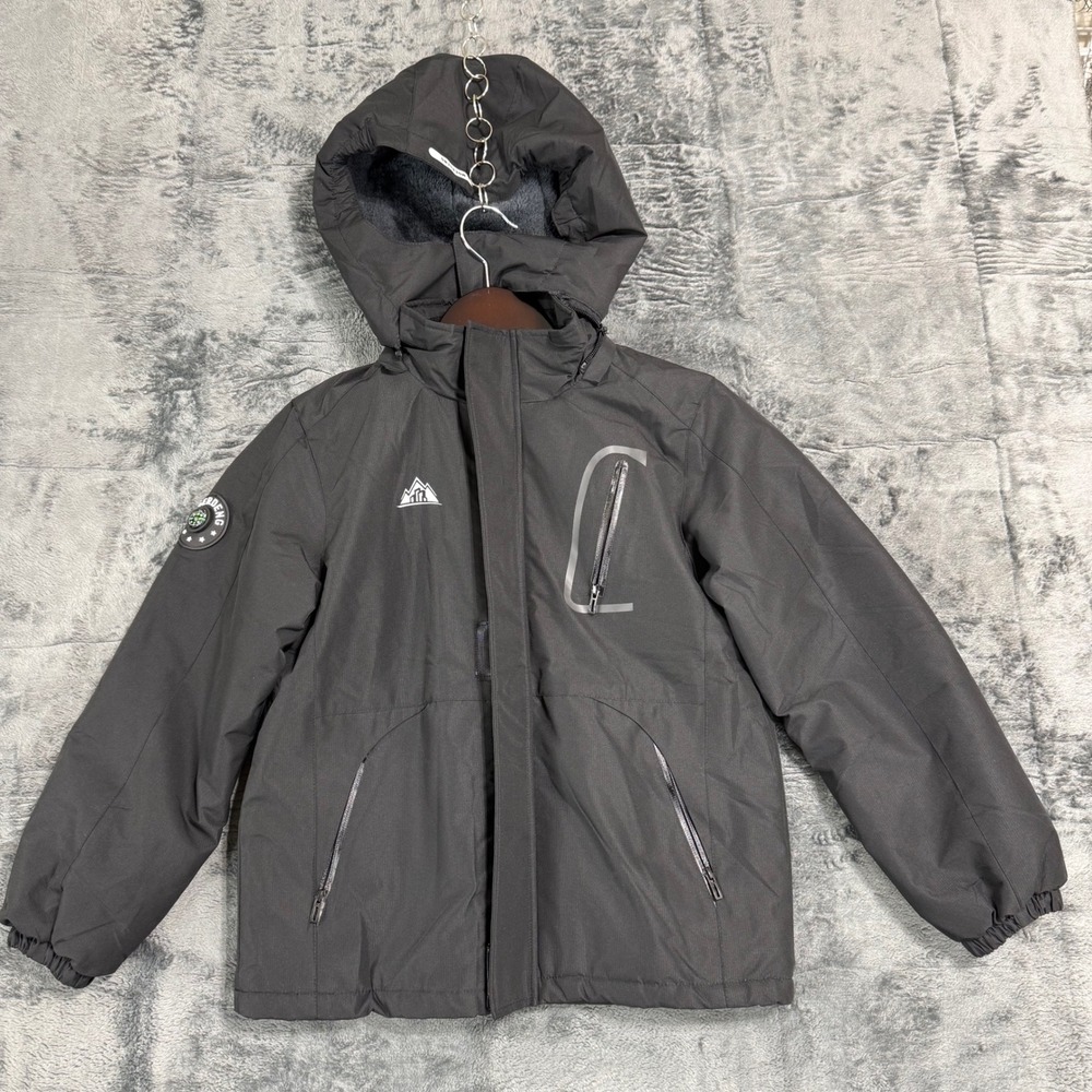Moerdeng Boys Waterproof Ski Jacket Gray Fleece Lined Hooded Coat Size 9-10